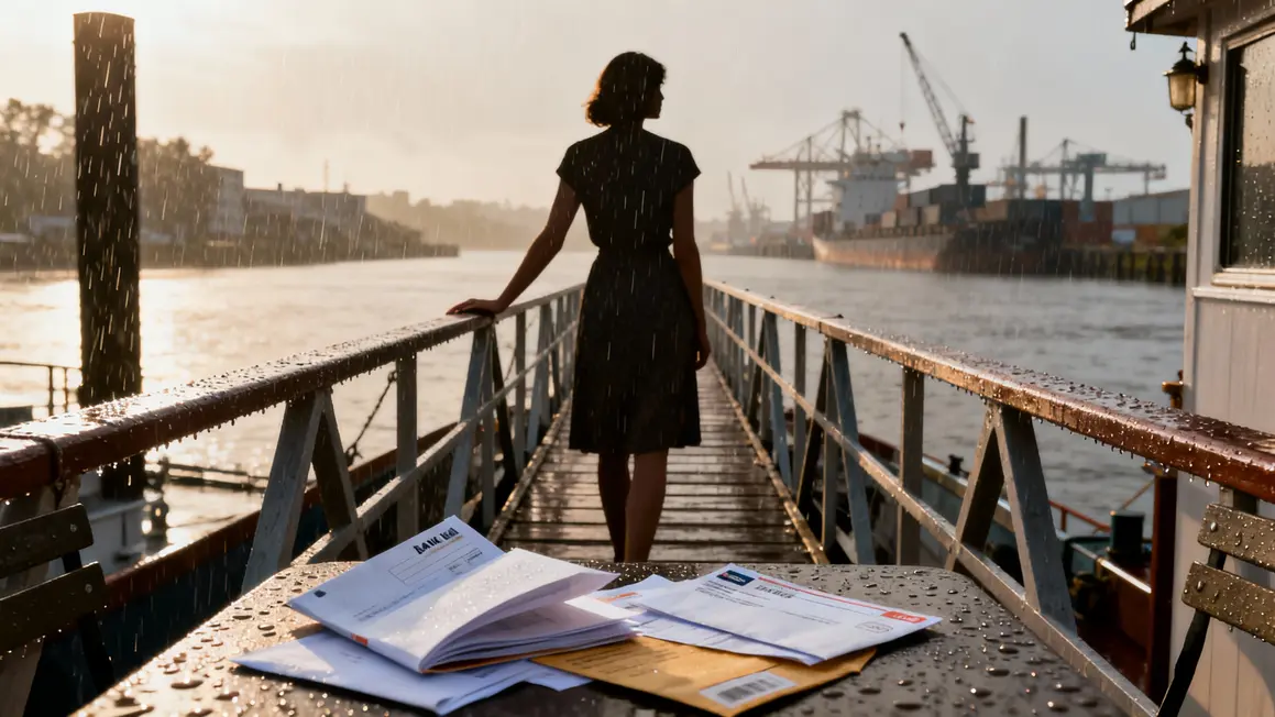 Femme sur péniche pluie courriers bancaires