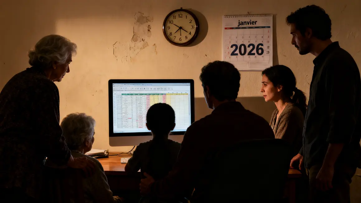 Famille seniors ordinateur feuille calcul calendrier janvier 2026