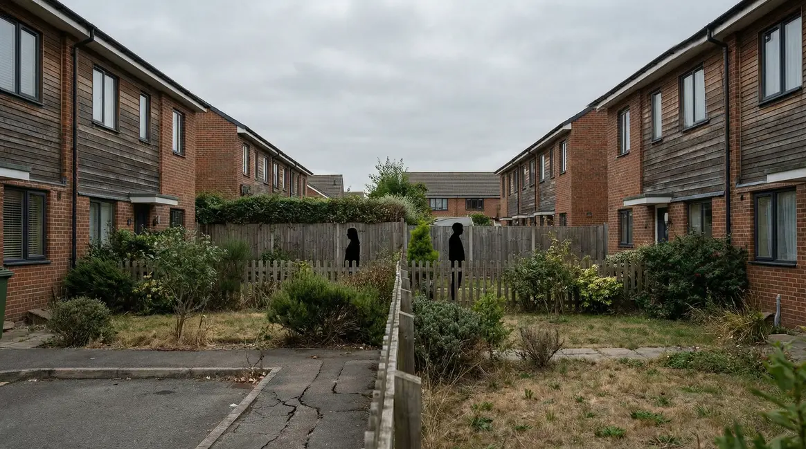 Quartier divisé, maisons mitoyennes modernes, voisinage en crise