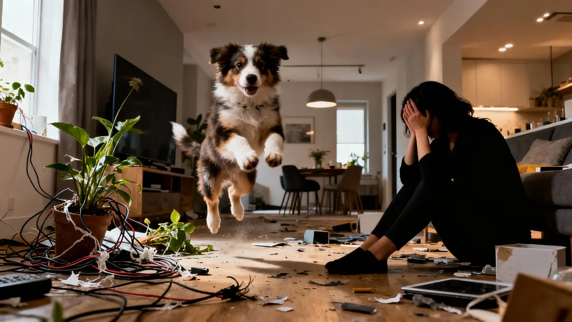 appartement désordre chiot berger australien femme fatiguée