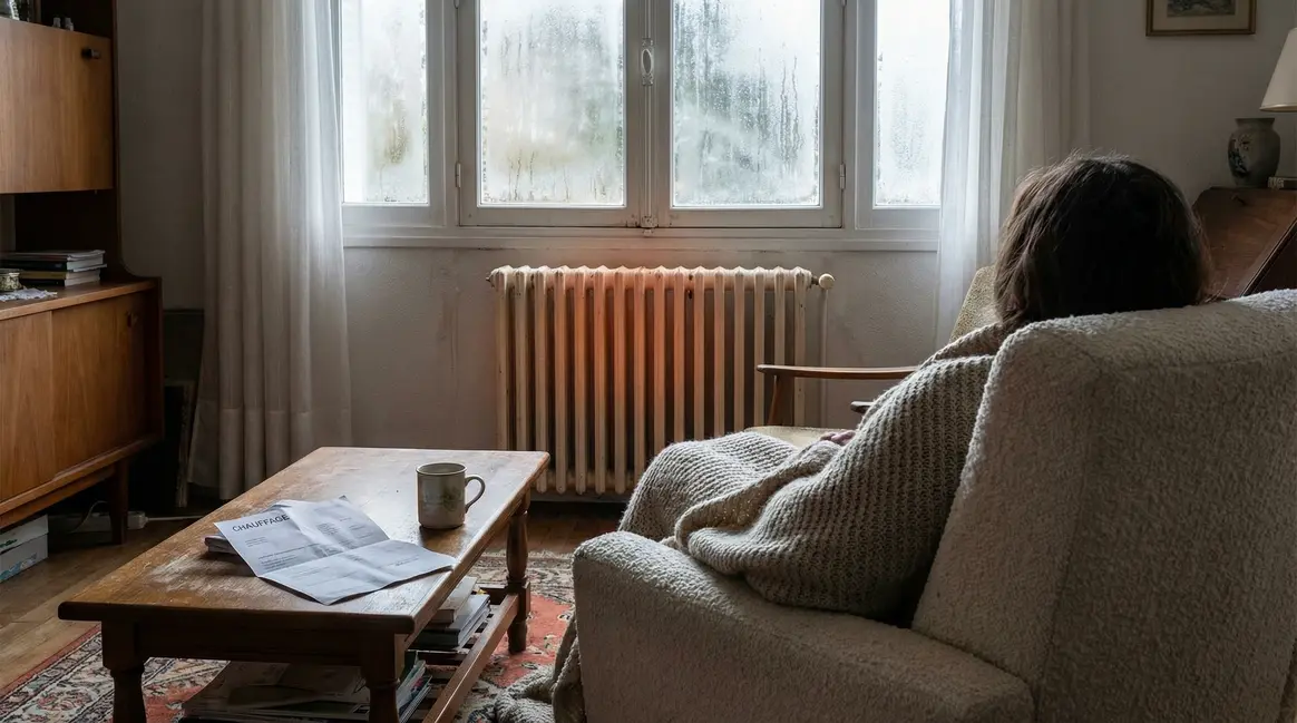 Salon radiateur allumé, facture chauffage, atmosphère froide