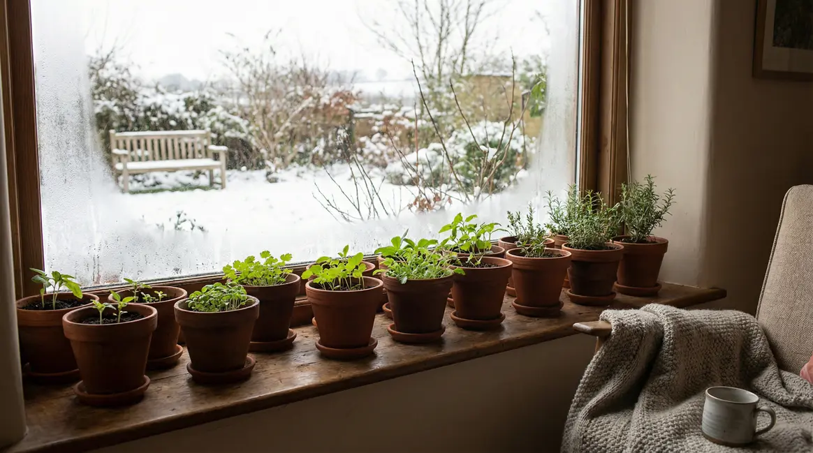 Rebord fenêtre jardin hiver semis jeunes pousses espoir