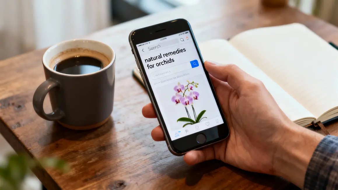 Recherche sur smartphone remède naturel orchidée avec café et carnet