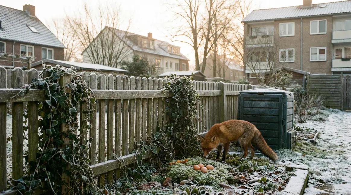 Renard fouille près des oeufs dans jardin urbain