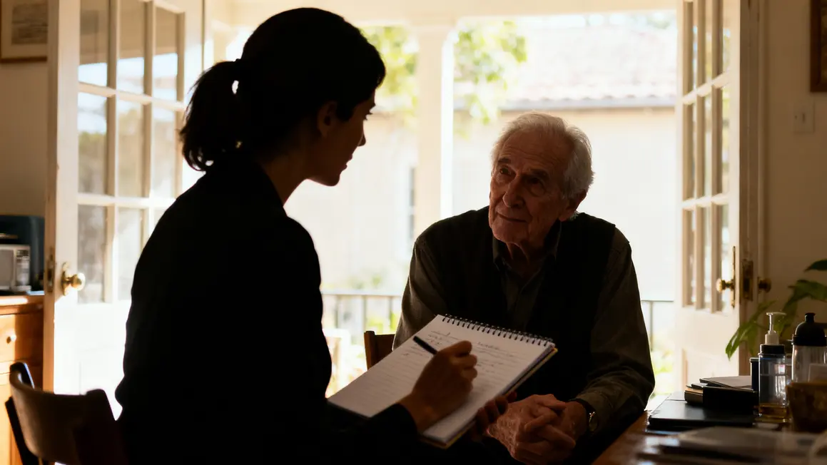 Ergothérapeute échange avec senior chambre adaptée