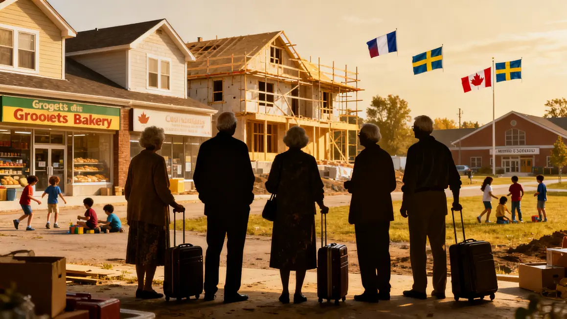 Retraités devant maisons rénovées drapeaux école Portugal