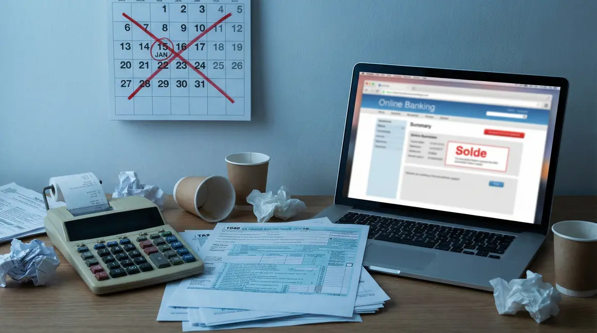 bureau calculatrice papiers fiscaux ordinateur date 15 janvier
