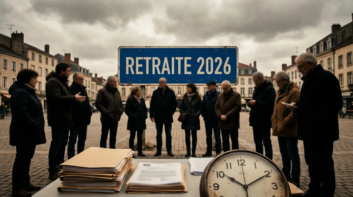Silhouettes devant panneau Retraite 2026, ambiance débat social