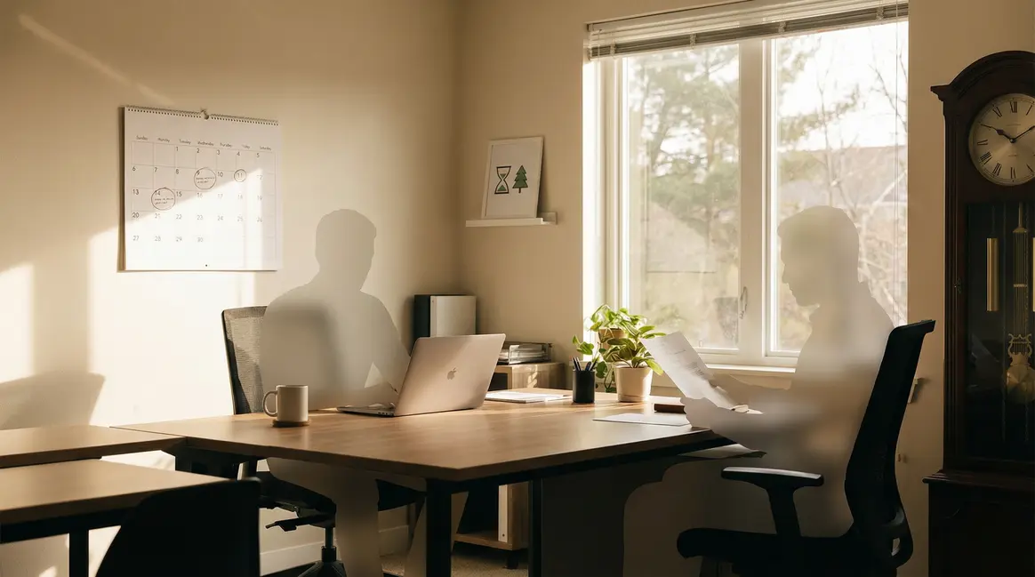 Retraite progressive : silhouettes bureau, montre et calendrier