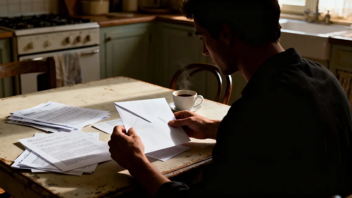 Femme agee ouvre lettre retraite cuisine