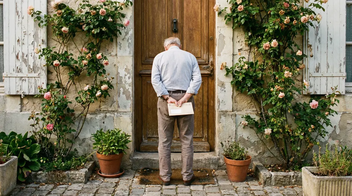 Senior reçoit un avis taxe foncière devant sa maison