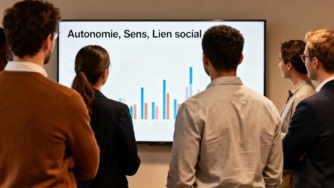 Groupe de professionnels devant un tableau blanc