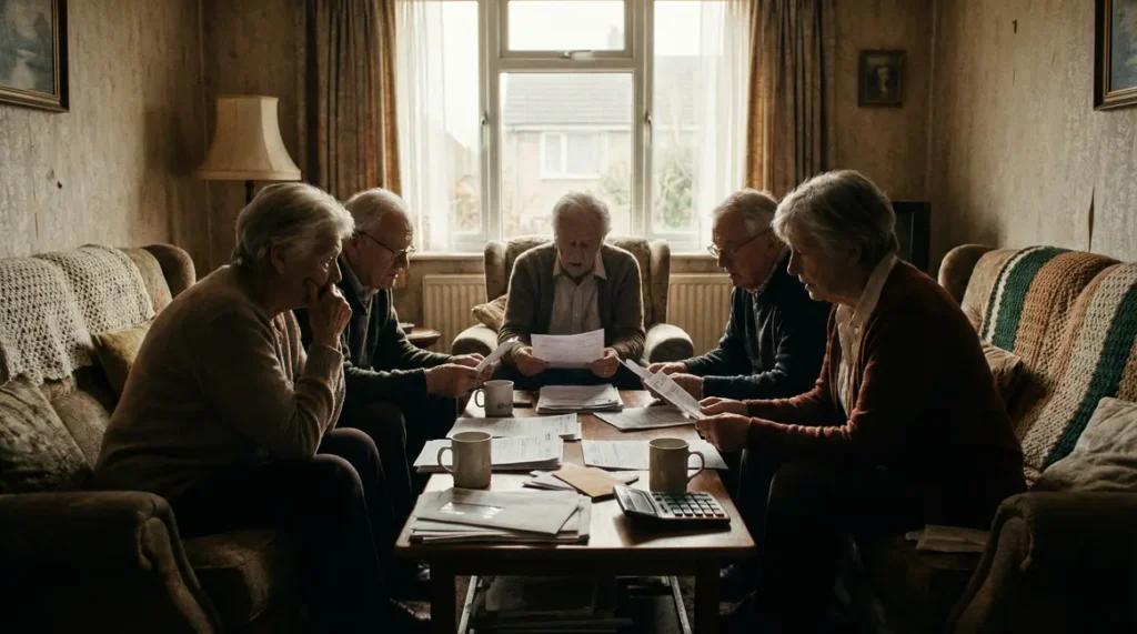 Seniors inquiets discutent de retraite 2026 autour de papiers administratifs