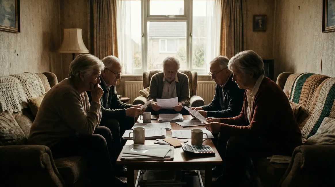 Seniors inquiets discutent de retraite 2026 autour de papiers administratifs