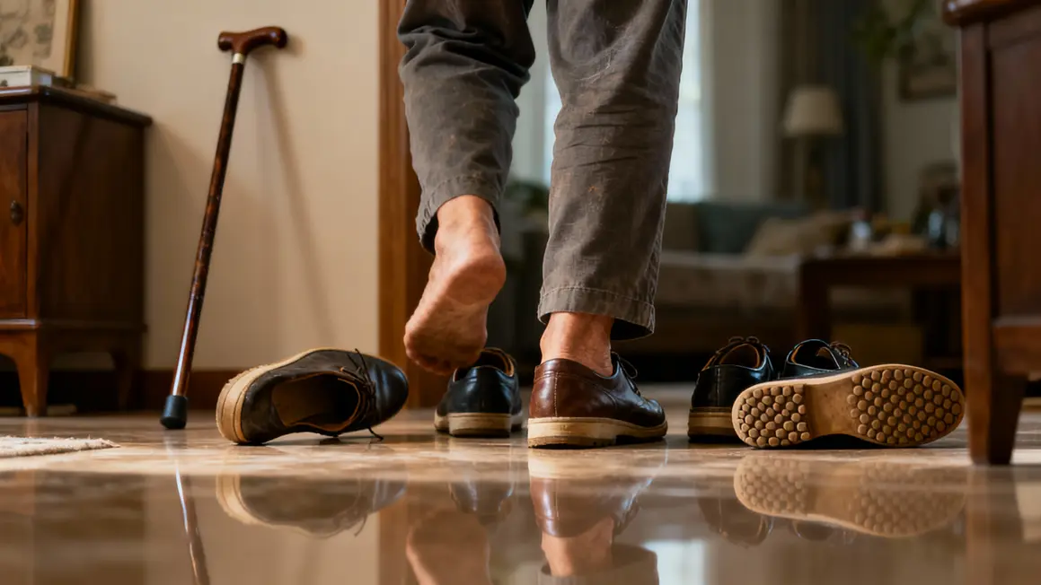 personne agee essayant chaussures risque chute