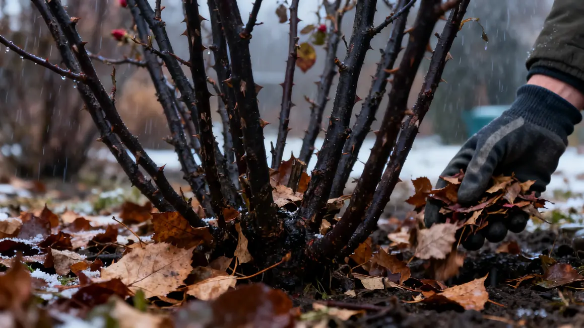 Rosiers hiver, tiges nues, feuilles mortes ramassées à la main