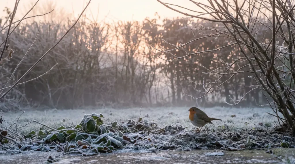 Rouge-gorge sur sol gelé dans petit jardin le matin