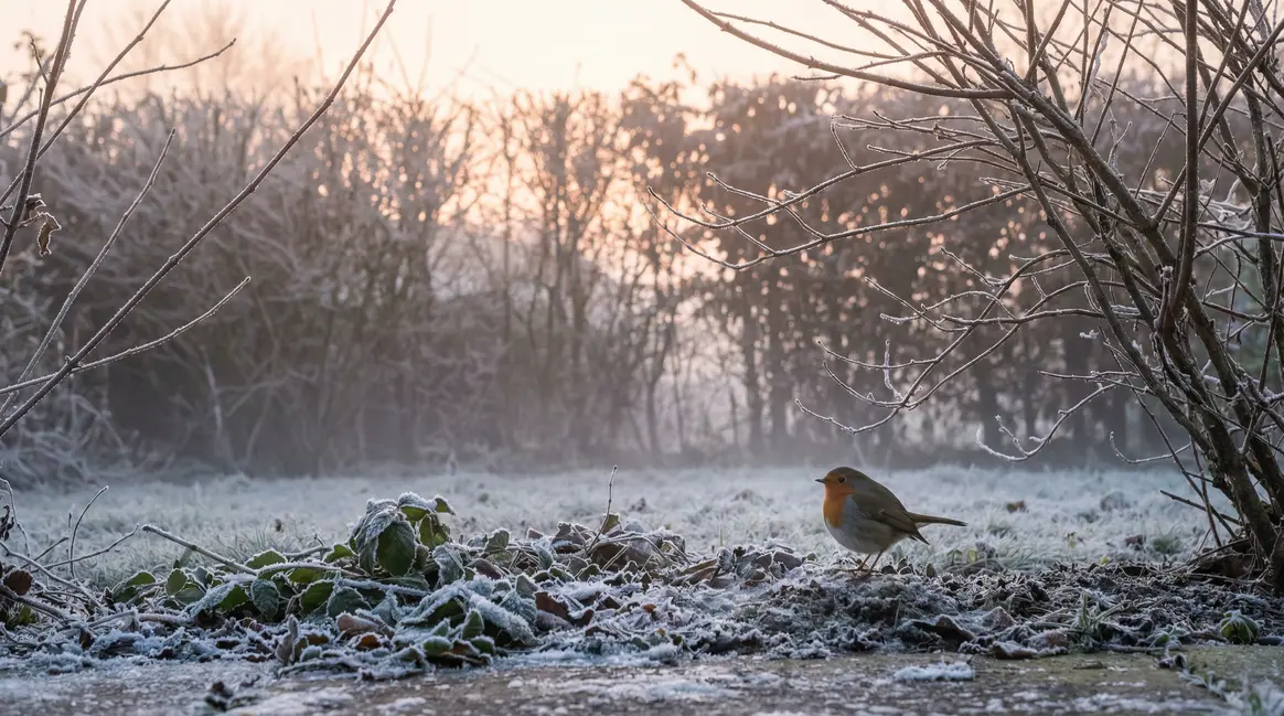 Rouge-gorge sur sol gelé dans petit jardin le matin