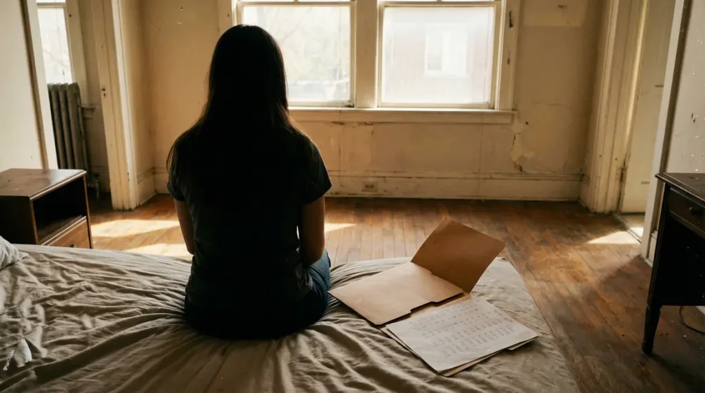 Jeune femme RSA chambre dossier administratif