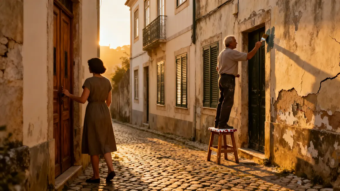 Femme ouvrant porte ruelle Portugal voisin escabeau