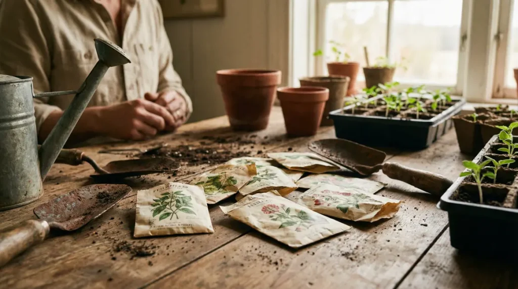 Sachets de graines variés avec outils potager sur une table printanière