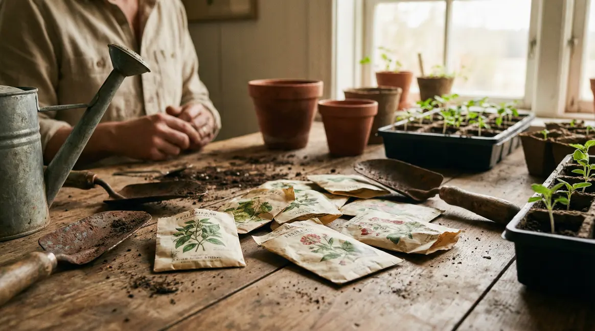 Sachets de graines variés avec outils potager sur une table printanière