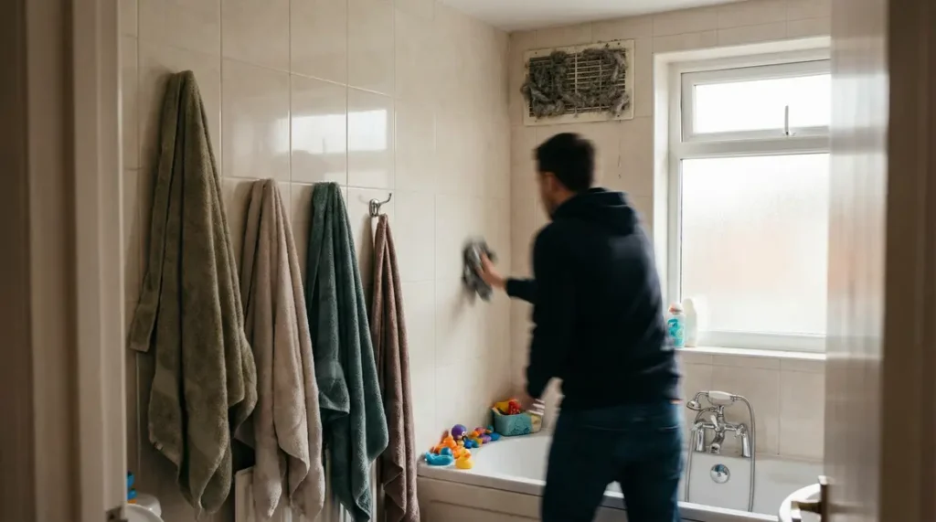 Salle de bain familiale avec grille d’aération poussiéreuse
