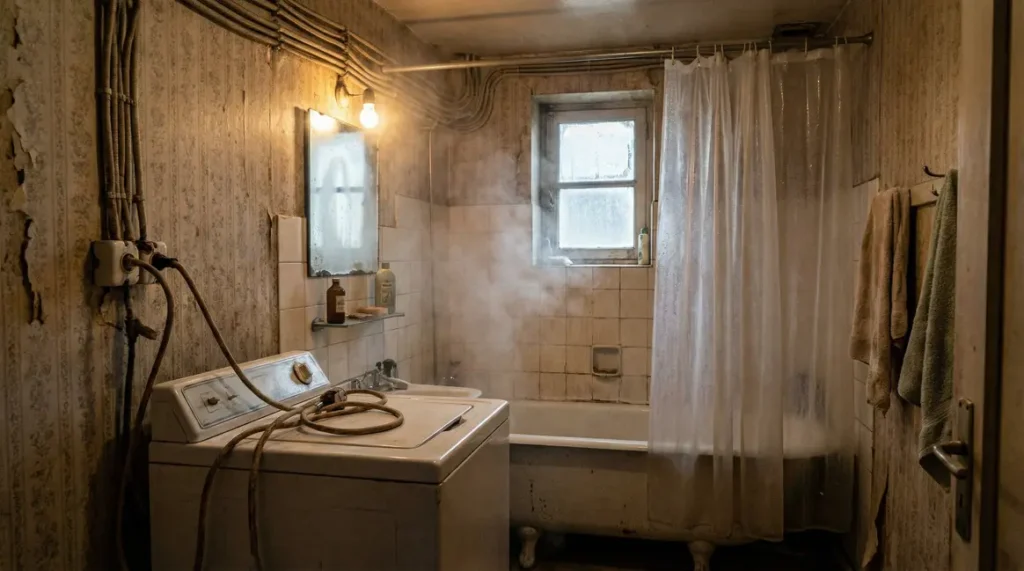 Salle de bains ancienne danger électricité lave-linge douche