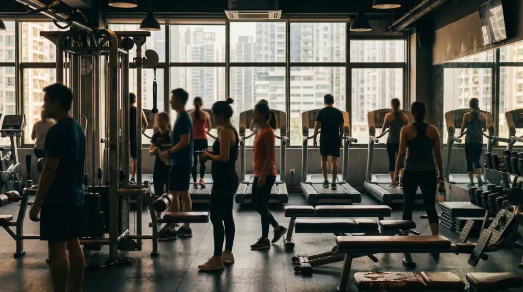 Salle de sport urbaine surpeuplée avec attente devant les machines