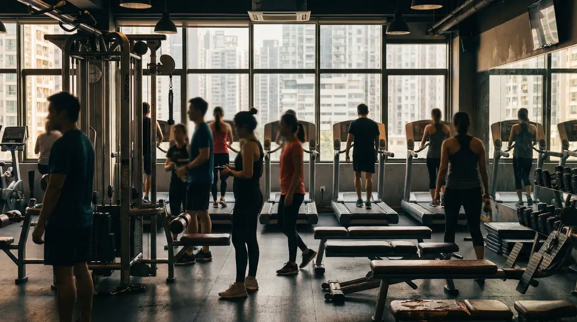 Salle de sport urbaine surpeuplée avec attente devant les machines