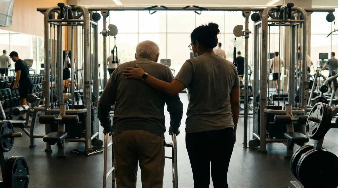 Personne âgée et aidant regardent salle sport moderne