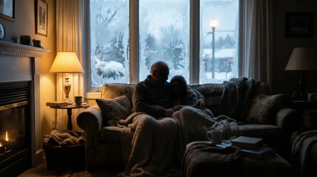 Senior et aidant dans un salon en hiver