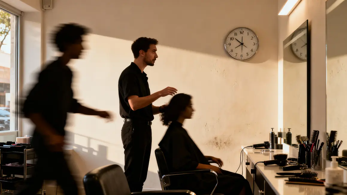 Scène salon coiffure midi clients pressés