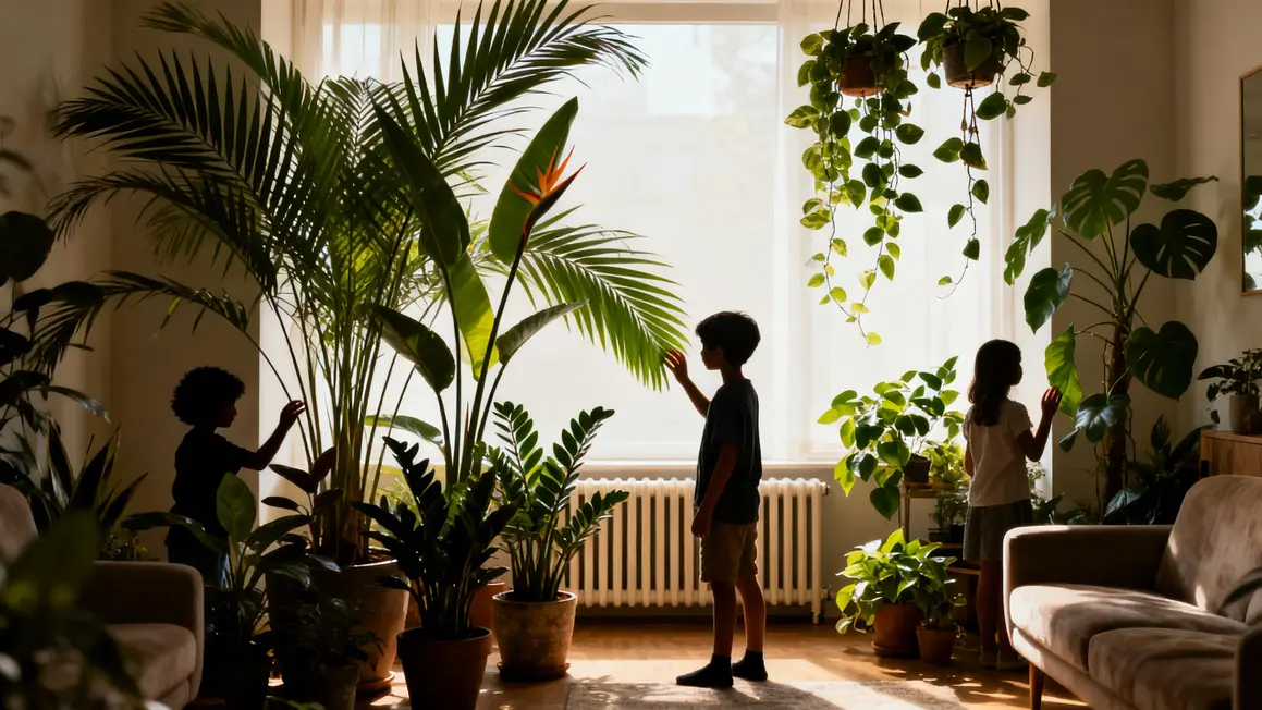 Salon lumineux jungle interieur avec enfants et plantes
