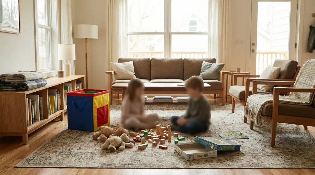 Enfants jouent dans un salon familial rangé avec astuces virales
