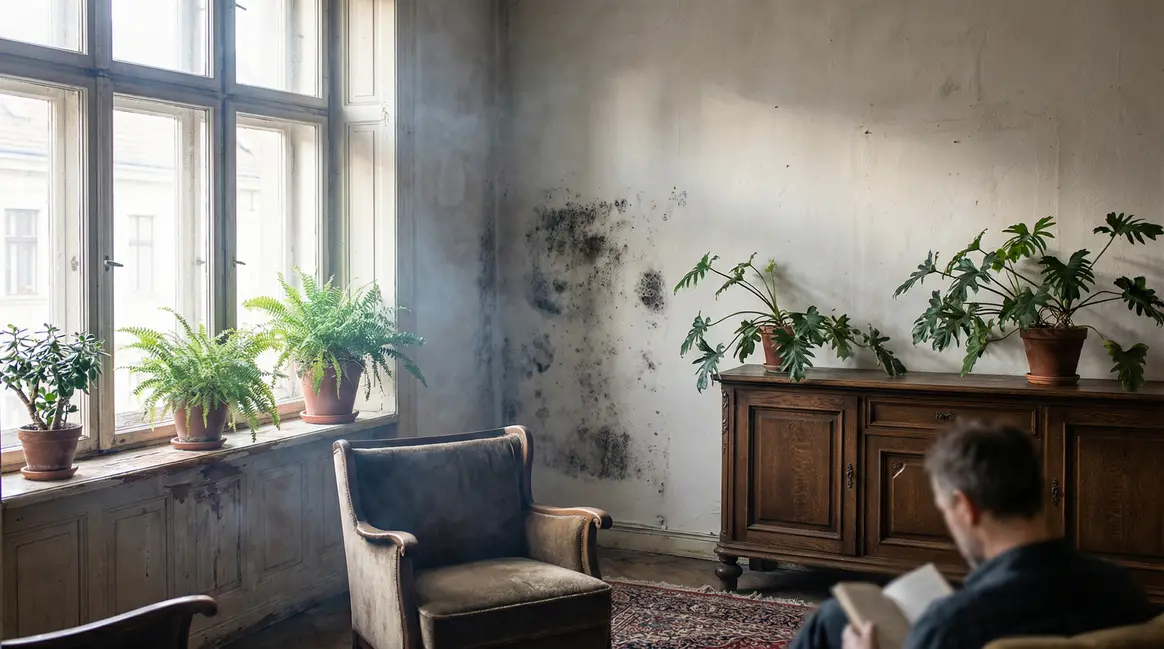 salon humidite traces moisissures et plantes