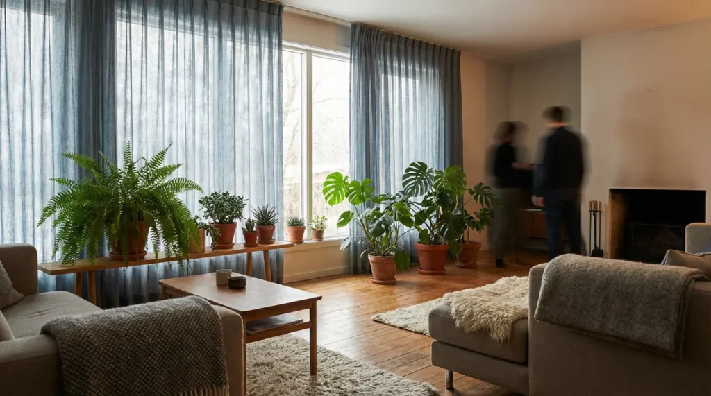 Salon hiver lumineux avec plantes vertes