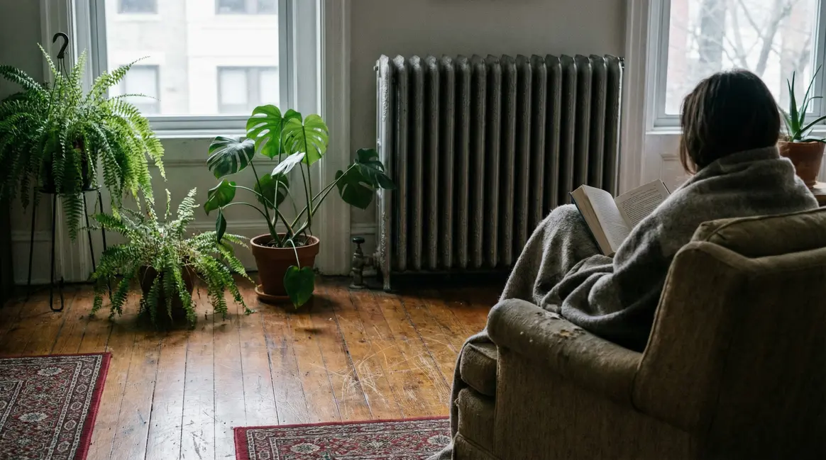 Salon plantes intérieur lumière grise radiateur hiver