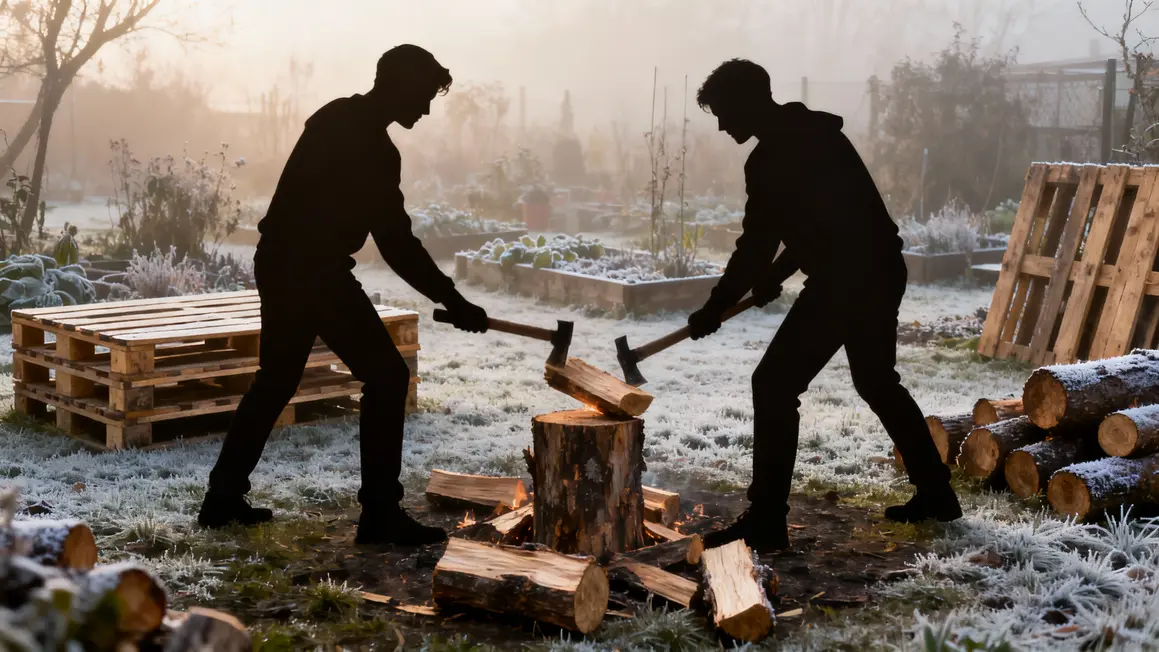 Jardin brume bois chauffage silhouettes