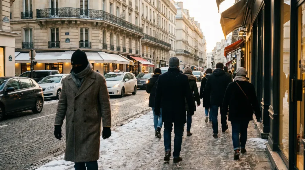 Scène de ville française en hiver avec manches longues couvrant les mains