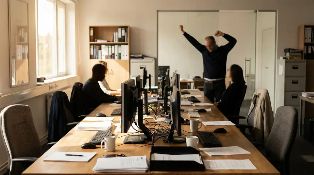 bureau moderne personne debout étire sédentarité