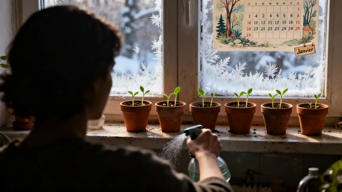 Petits pots semis hiver jardinage rebord fenêtre
