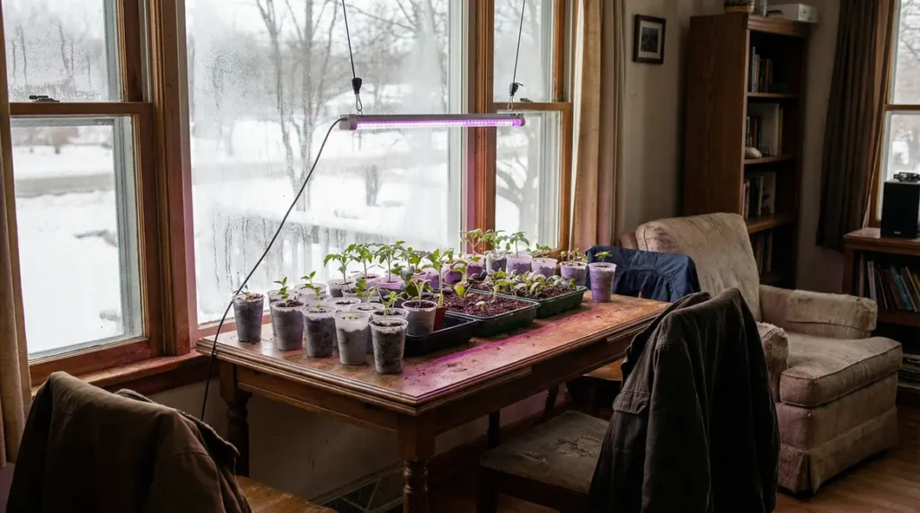 jeunes pousses de legumes en salon avec lampe horticole