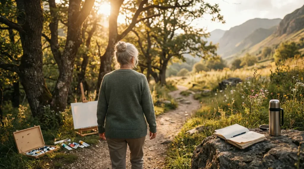 femme senior marche sentier nature arts loisirs