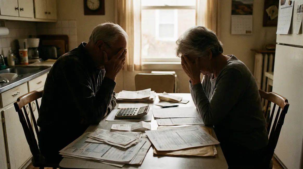 deux seniors inquiets devant feuilles impots plafond