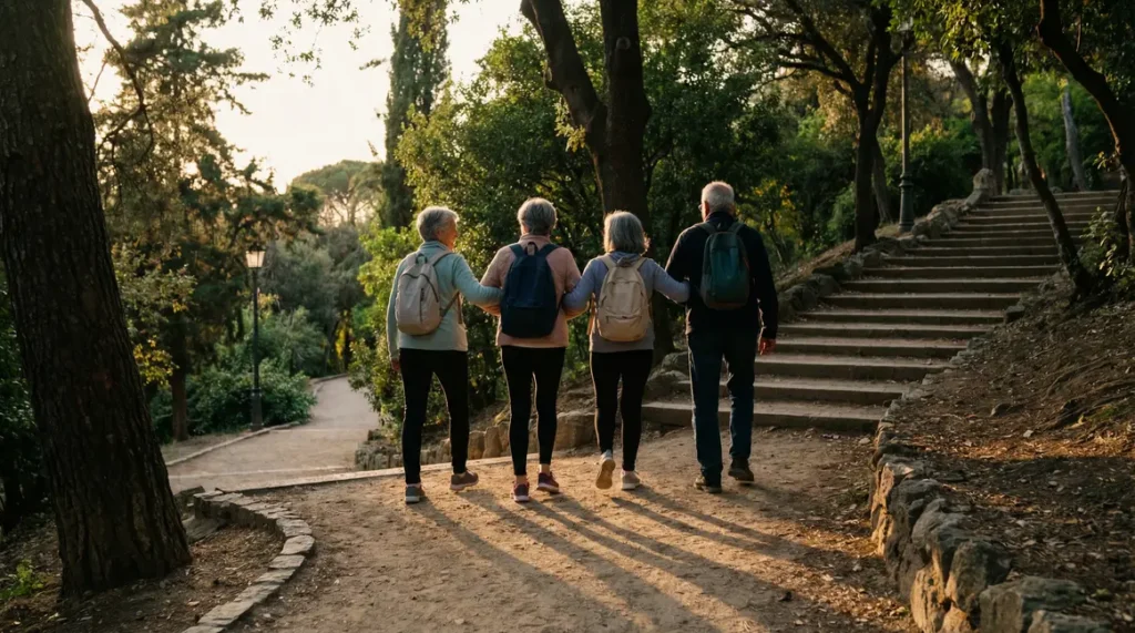 Seniors marchant avec sac à dos lutte sarcopénie