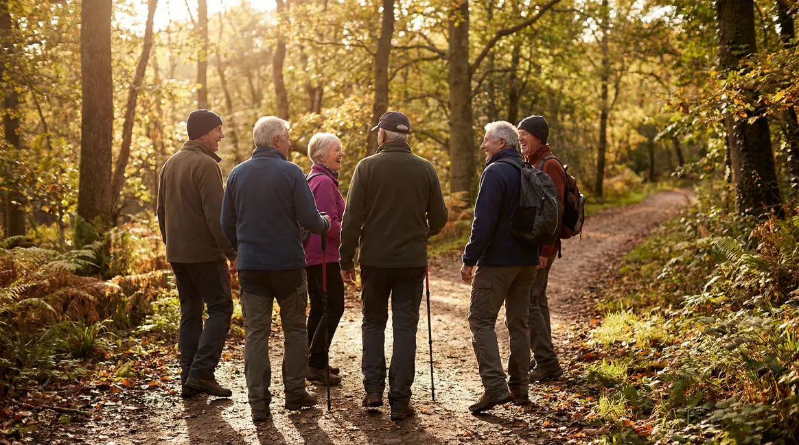 Groupe seniors marche ventre plat nature