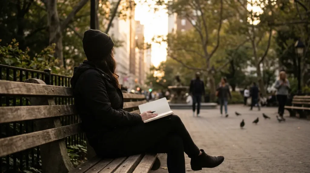 femme sur banc carnet parc solitude heureuse