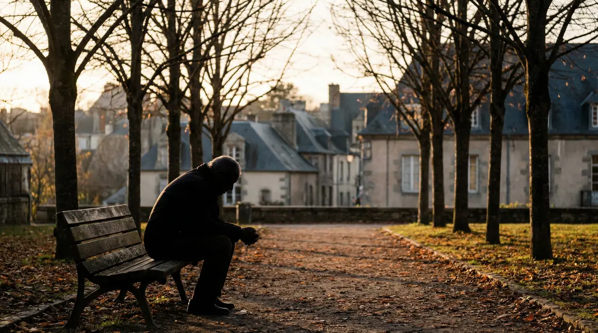 Personne agée seule banc parc ville française