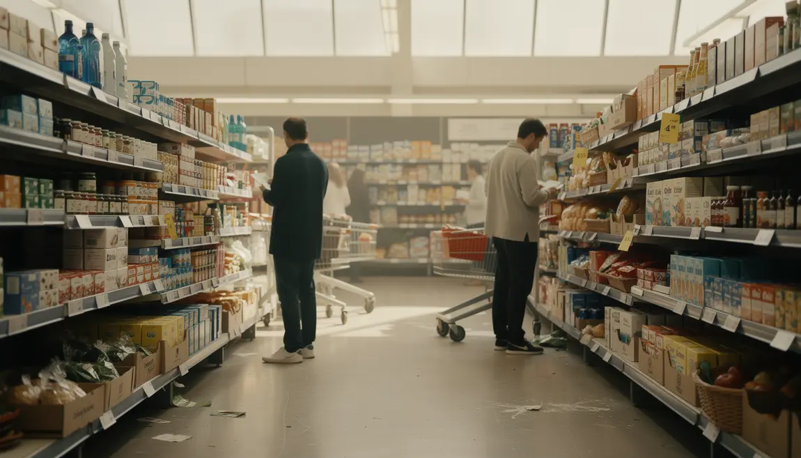 Rayons de supermarché français, clients analysant les prix
